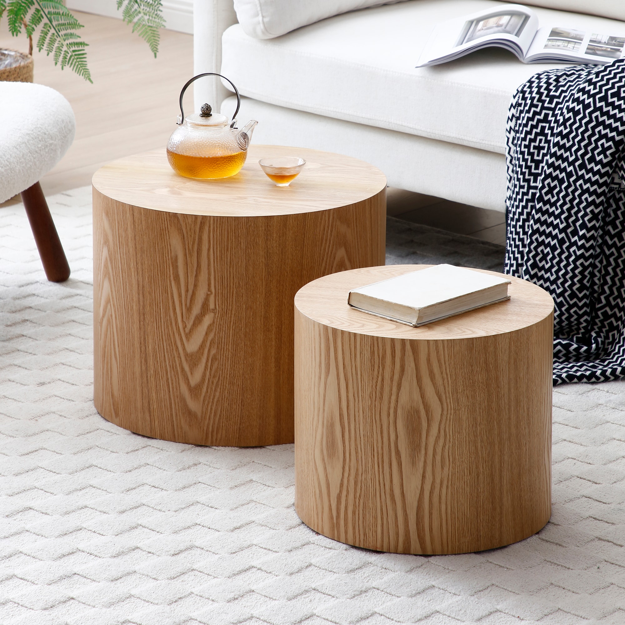 Round Coffee Table Set of 2, Nesting Coffee Tables for  MDF with  veneer .for living room,office,bedroom,Natural, 4Colors NATURAL